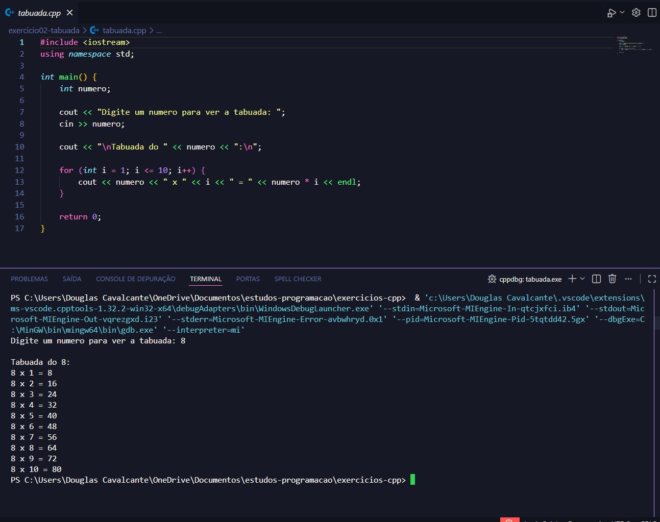 Exercício tabuada em C++